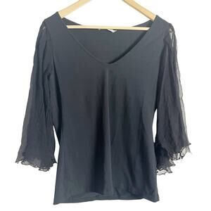 Anne Fontaine Black V-Neck Chiffon 3/4 Sleeve Flutter Blouse Size 10